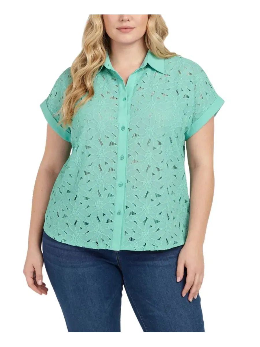 Блузка с коротким рукавом и кружевной вышивкой, модель Plus Size Short-Sleeve Eyelet Top NY — изображение 1 из 4, серый
