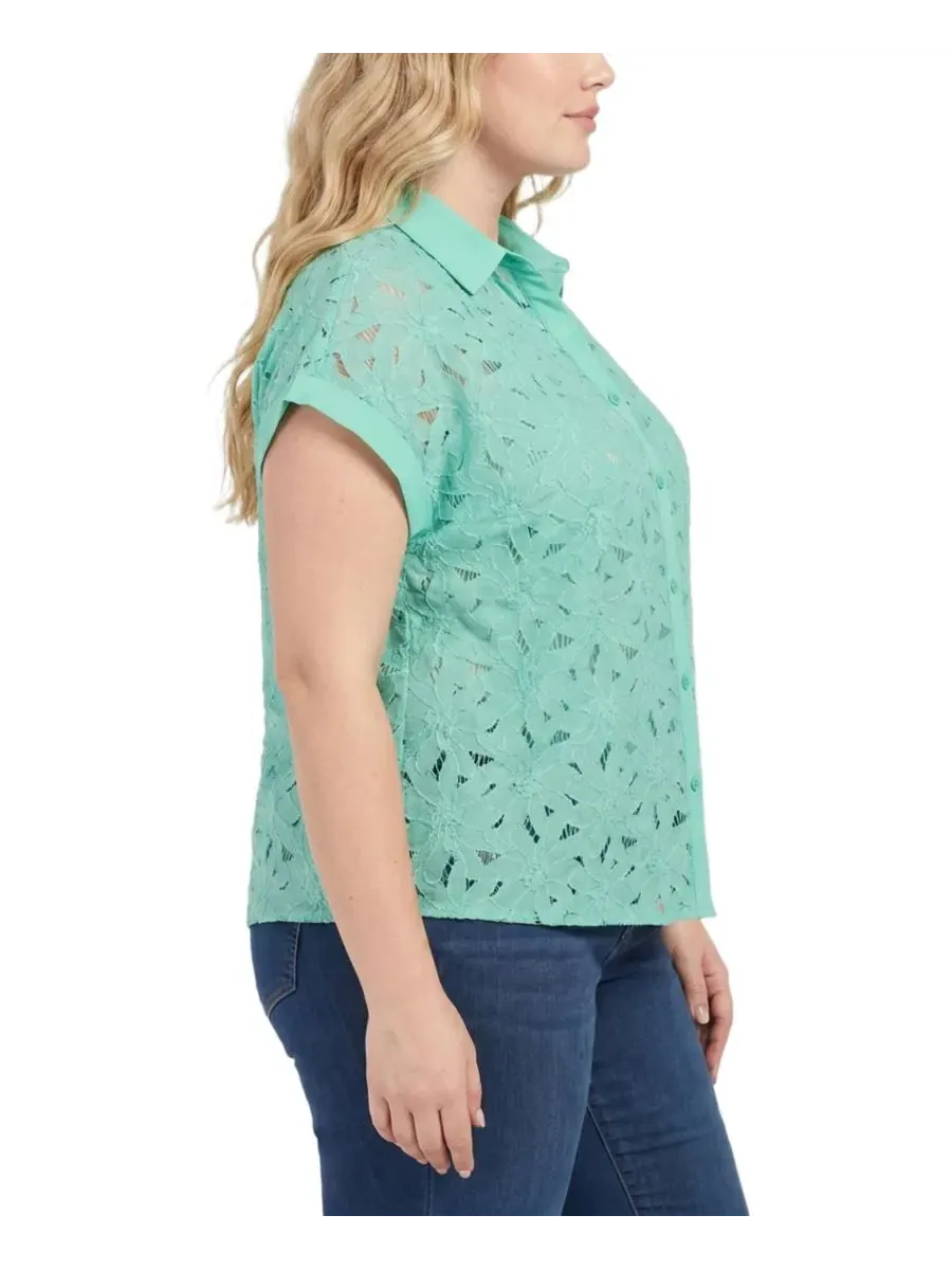Блузка с коротким рукавом и кружевной вышивкой, модель Plus Size Short-Sleeve Eyelet Top NY — изображение 2 из 4, серый