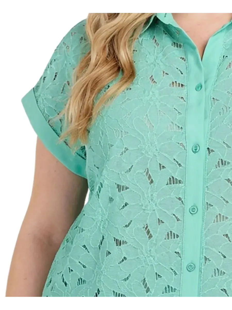Блузка с коротким рукавом и кружевной вышивкой, модель Plus Size Short-Sleeve Eyelet Top NY — изображение 3 из 4, серый
