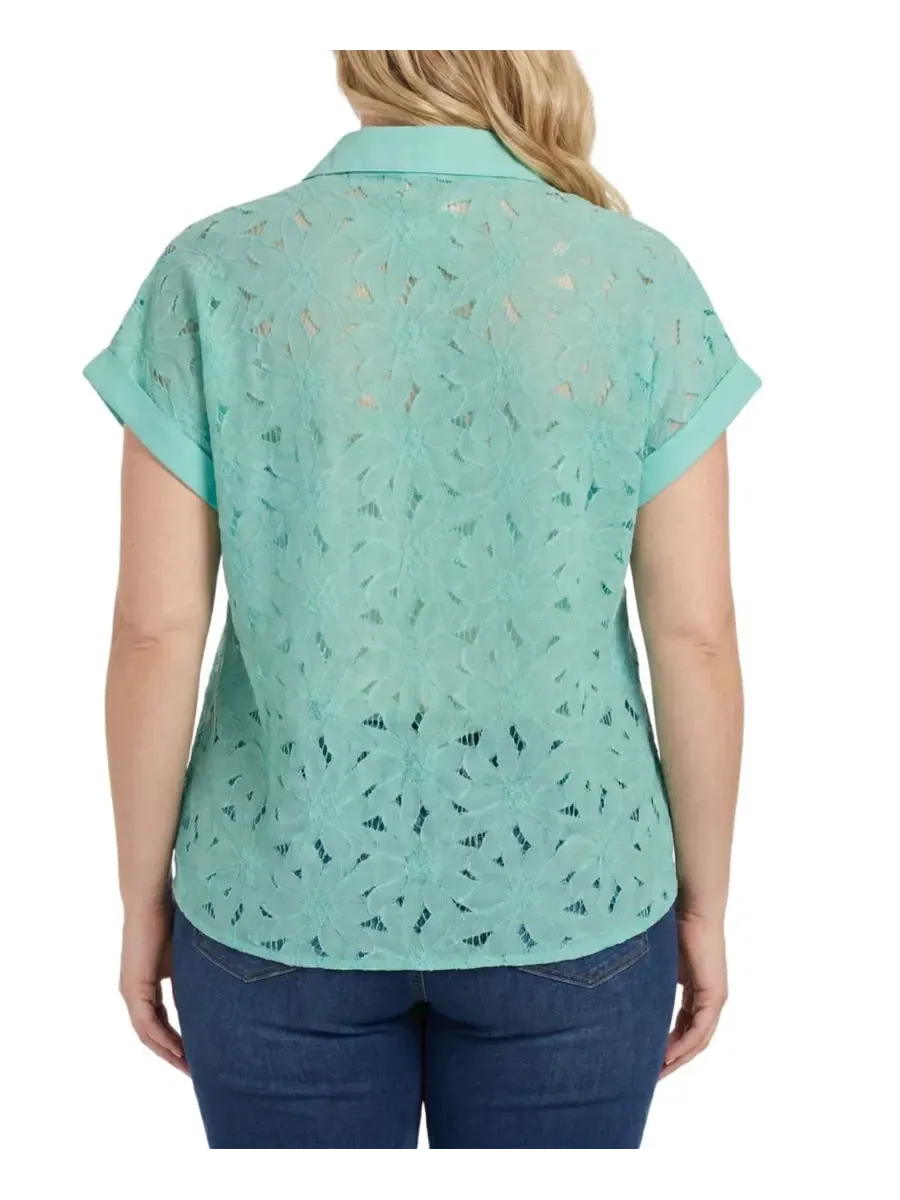Блузка с коротким рукавом и кружевной вышивкой, модель Plus Size Short-Sleeve Eyelet Top NY — изображение 4 из 4, серый