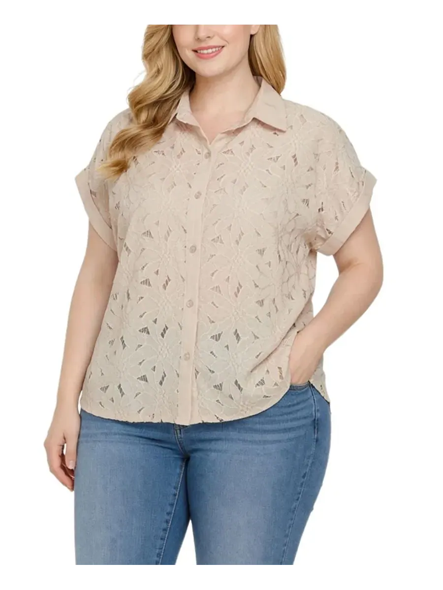 Блузка с коротким рукавом, с кружевной вышивкой, Plus Size Short-Sleeve Eyelet Top NY Collection