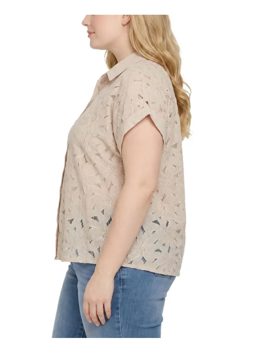 Блузка с коротким рукавом, с кружевной вышивкой, Plus Size Short-Sleeve Eyelet Top NY Collection — изображение 2 из 4