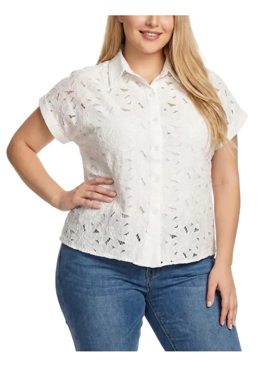 Блузка с коротким рукавом и вышивкой, модель Plus Size Short-Sleeve Eyelet Top NY Collection — изображение 1 из 4, белый