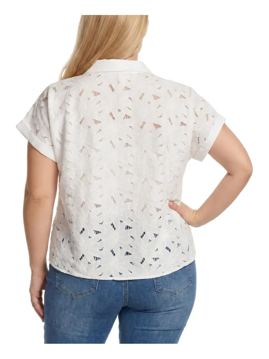 Блузка с коротким рукавом и вышивкой, модель Plus Size Short-Sleeve Eyelet Top NY Collection — изображение 4 из 4, белый