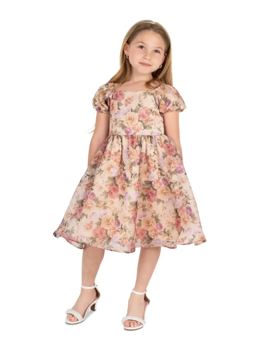 Платье с принтом из шиммерной органзы с пышными рукавами Floral Print Shimmer Organza Puff Sleeve