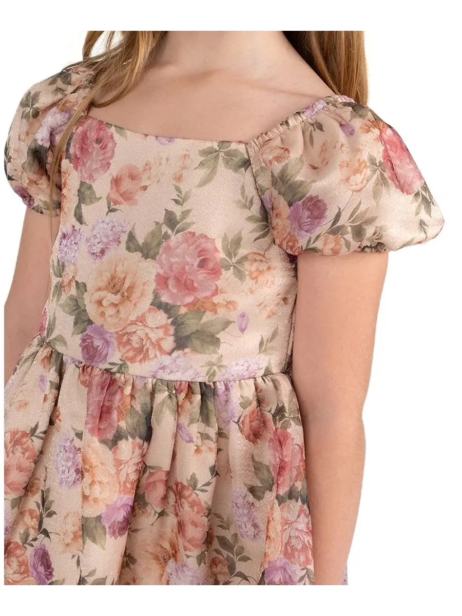 Платье с принтом из шиммерной органзы с пышными рукавами Floral Print Shimmer Organza Puff Sleeve — изображение 2 из 7, тауп