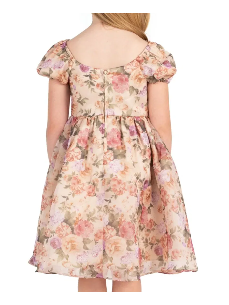Платье с принтом из шиммерной органзы с пышными рукавами Floral Print Shimmer Organza Puff Sleeve — изображение 3 из 7, тауп