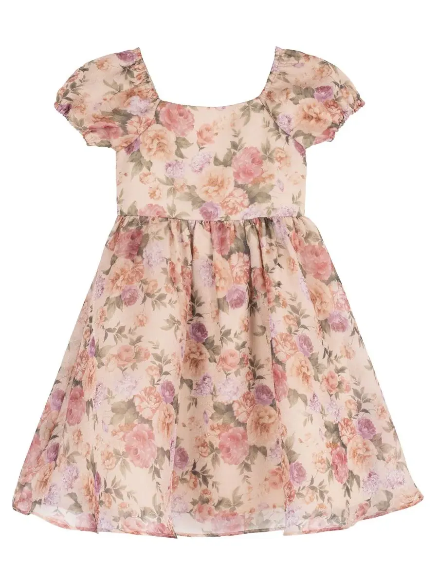 Платье с принтом из шиммерной органзы с пышными рукавами Floral Print Shimmer Organza Puff Sleeve — изображение 4 из 7, тауп