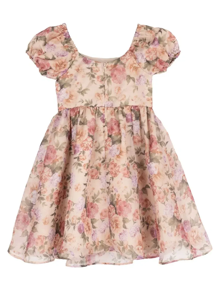 Платье с принтом из шиммерной органзы с пышными рукавами Floral Print Shimmer Organza Puff Sleeve — изображение 5 из 7, тауп