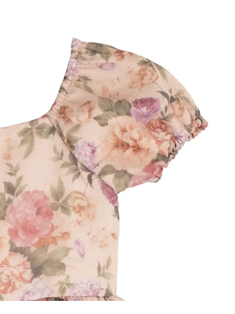 Платье с принтом из шиммерной органзы с пышными рукавами Floral Print Shimmer Organza Puff Sleeve — изображение 6 из 7, тауп