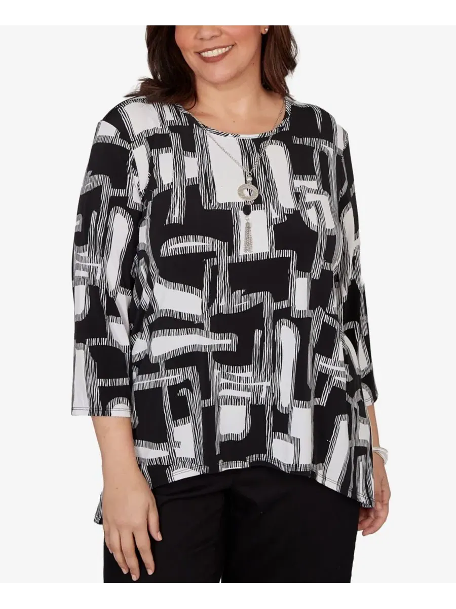 Блуза с принтом и ожерельем Plus Size Geo Boxes Puff Printed Top Alfred Dunner