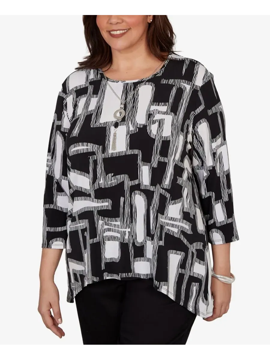 Блуза с принтом и ожерельем Plus Size Geo Boxes Puff Printed Top Alfred Dunner — изображение 2 из 5, черный