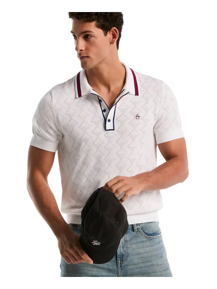 Поло с геометрической перфорацией, слим-фит, с коротким рукавом Original Penguin — изображение 3 из 5, яркий белый