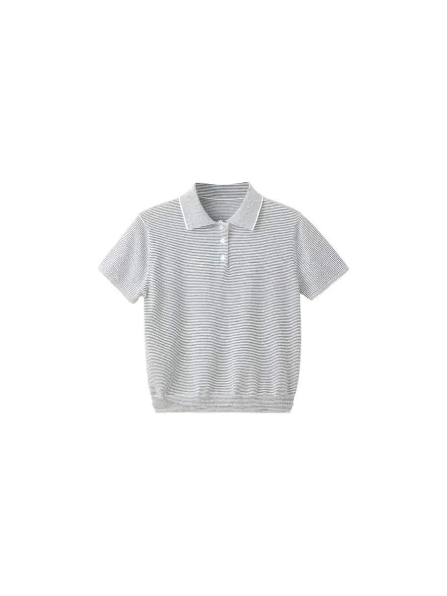 Свитер-поло женский с коротким рукавом, модель Striped Polo MANGO — изображение 1 из 7, темно-синий