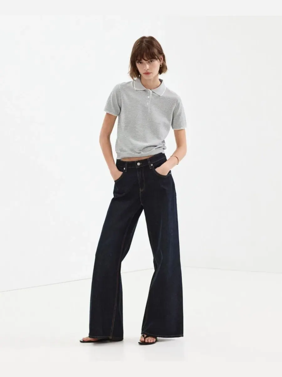 Свитер-поло женский с коротким рукавом, модель Striped Polo MANGO — изображение 2 из 7, темно-синий