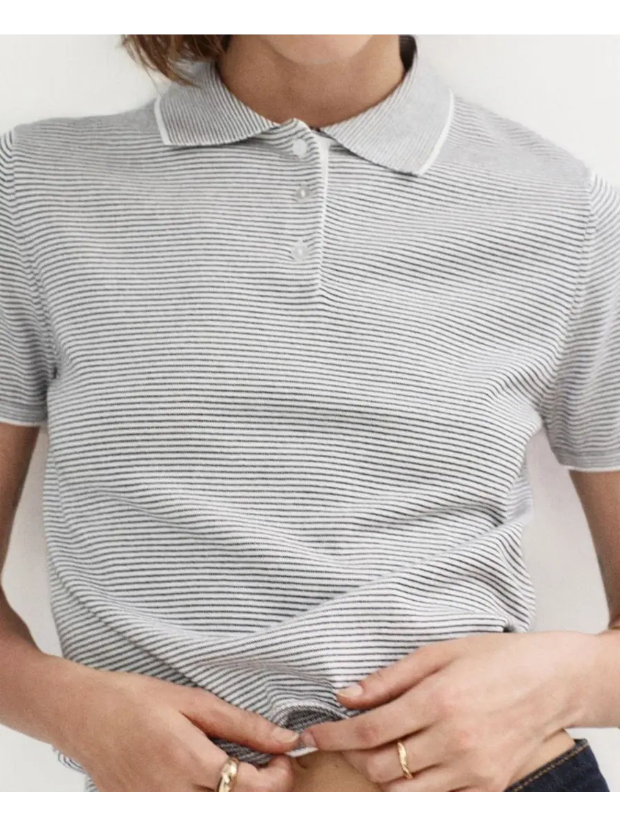Свитер-поло женский с коротким рукавом, модель Striped Polo MANGO — изображение 5 из 7, темно-синий