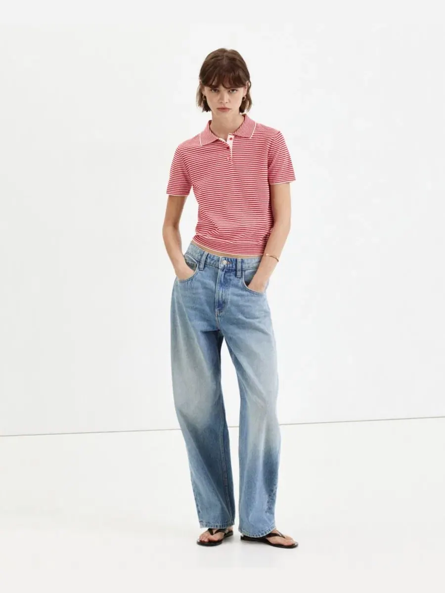 Детский свитер-поло с коротким рукавом, хлопковый, модель Striped Polo MANGO — изображение 2 из 6, красный