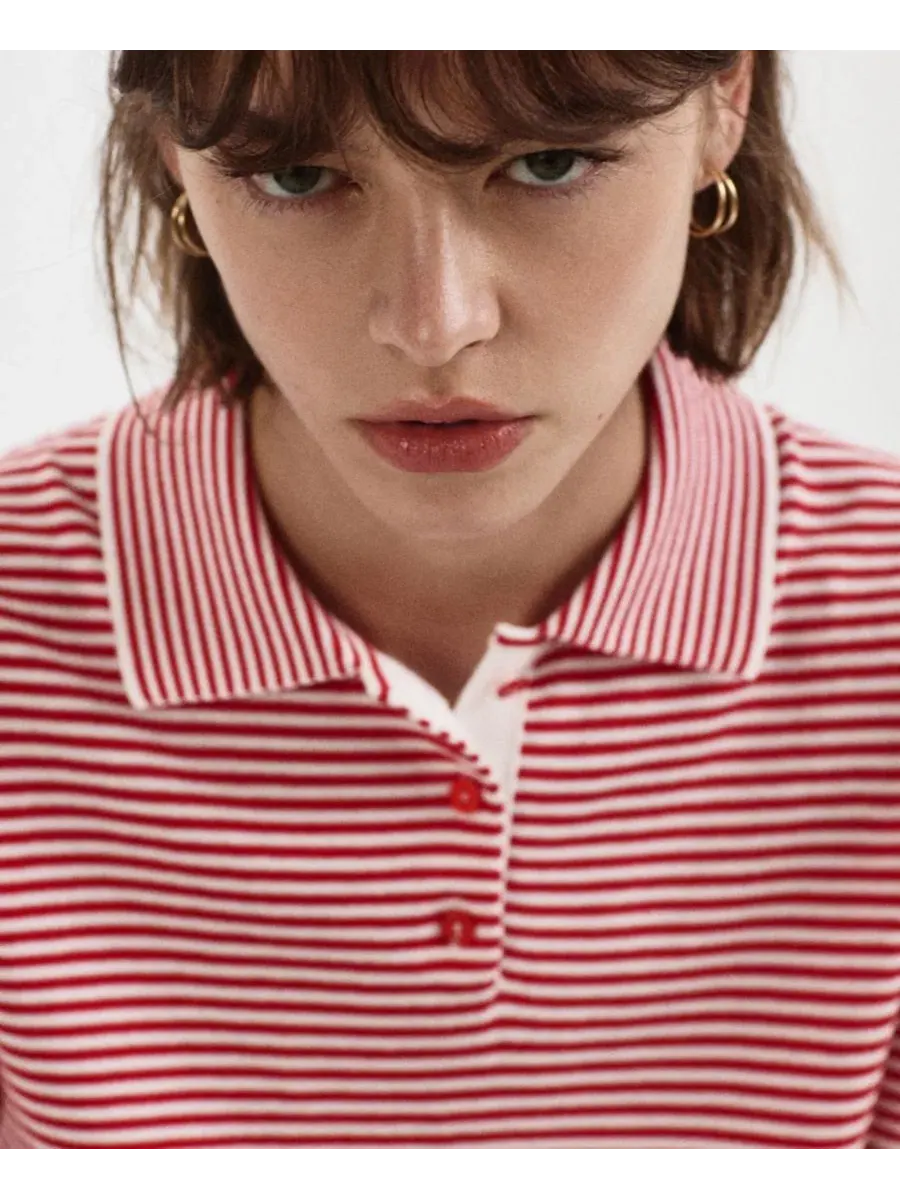 Детский свитер-поло с коротким рукавом, хлопковый, модель Striped Polo MANGO — изображение 4 из 6, красный
