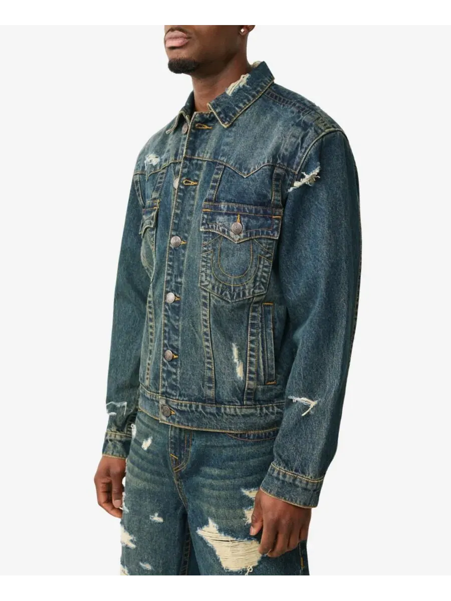 Мужская куртка оверсайз с воротником и рваными деталями True Religion — изображение 2 из 3, джинсовый синий темный