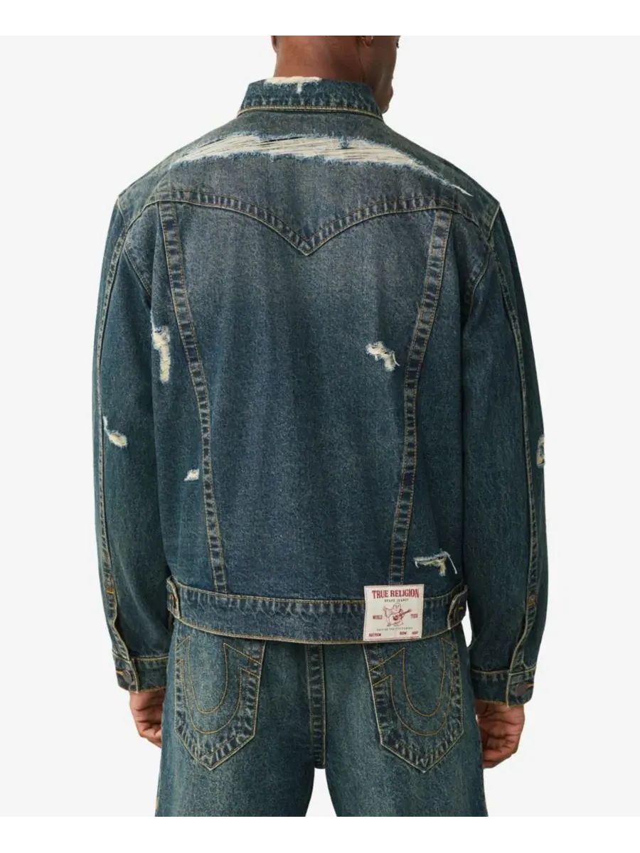 Мужская куртка оверсайз с воротником и рваными деталями True Religion — изображение 3 из 3, джинсовый синий темный