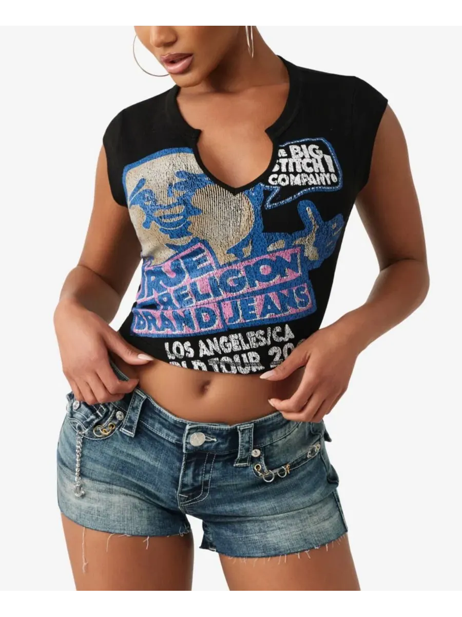 Футболка с вырезом-качели и принтом Buddha Urban Notched Baby True Religion — изображение 2 из 4, черный