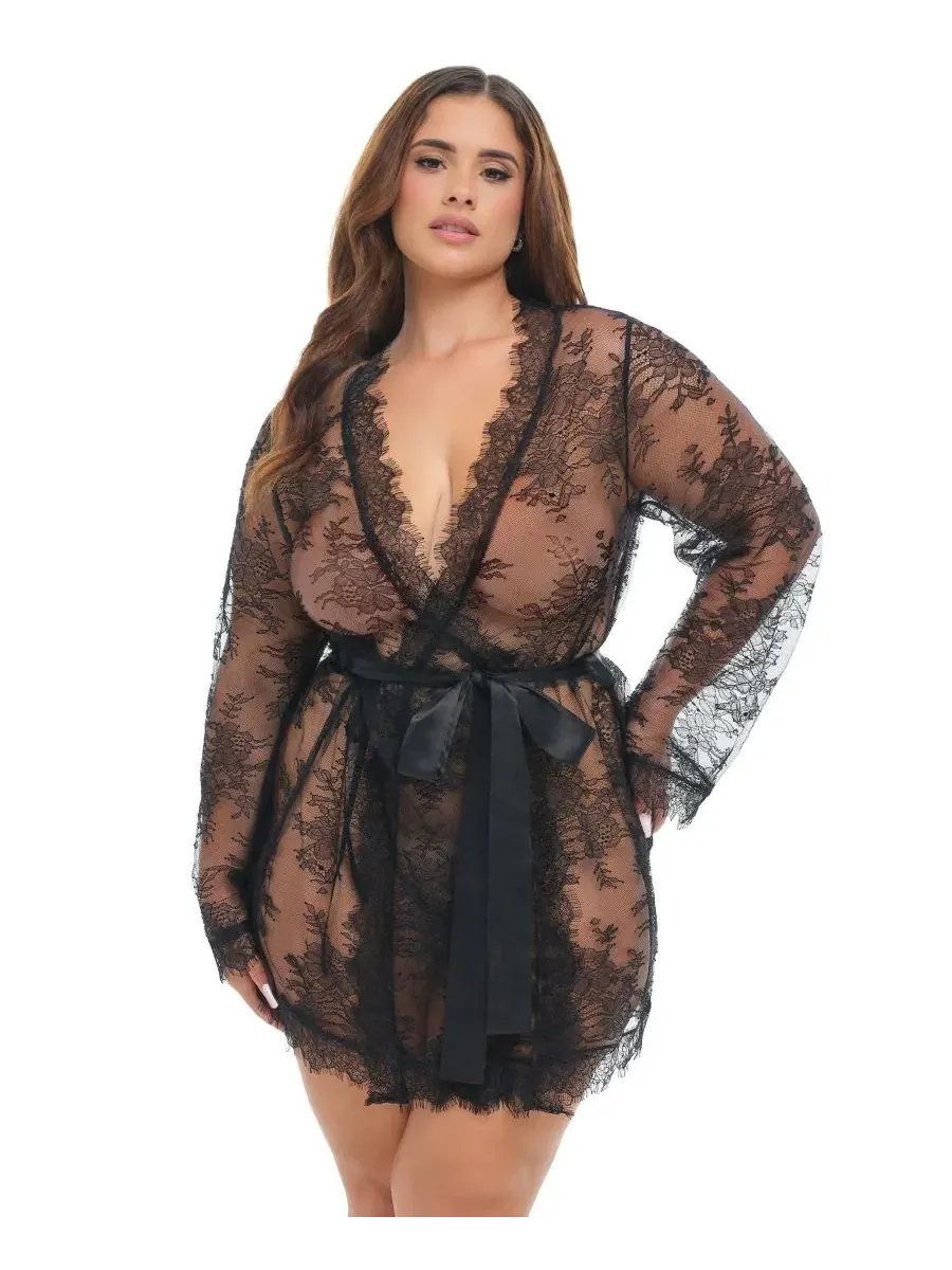 Женский короткий кружевной халат Curvy Amour Oh La La Cheri — изображение 1 из 3, черный