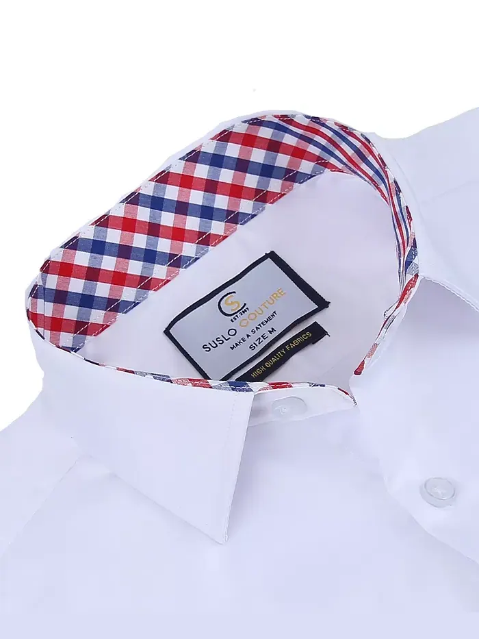 Мужская классическая рубашка с коротким рукавом Slim Fit Performance, однотонная Suslo Couture — изображение 2 из 7, белый
