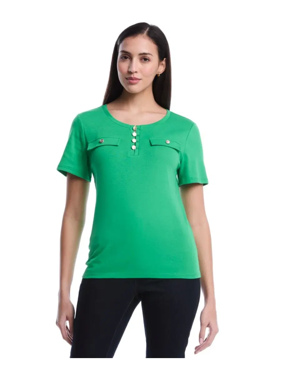 Топ с коротким рукавом и пуговицами Petite Welt Pocket Button Detail Short-Sleeve Top Rafaella — изображение 1 из 5, зеленый