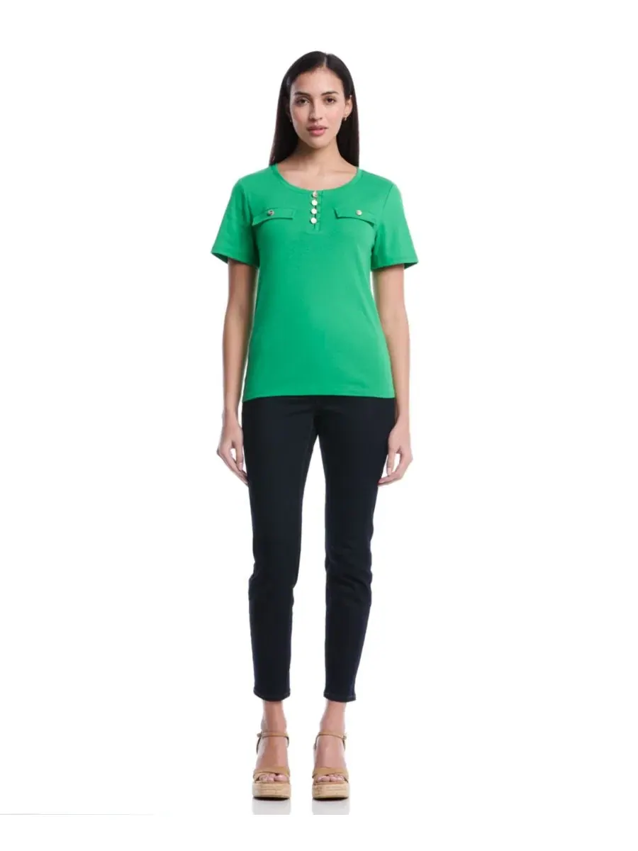 Топ с коротким рукавом и пуговицами Petite Welt Pocket Button Detail Short-Sleeve Top Rafaella — изображение 2 из 5, зеленый