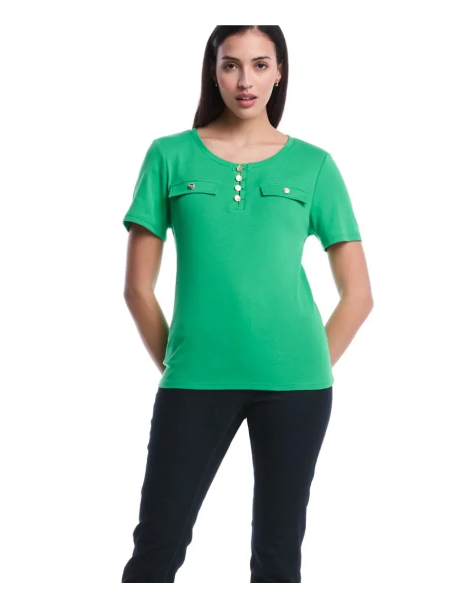 Топ с коротким рукавом и пуговицами Petite Welt Pocket Button Detail Short-Sleeve Top Rafaella — изображение 3 из 5, зеленый
