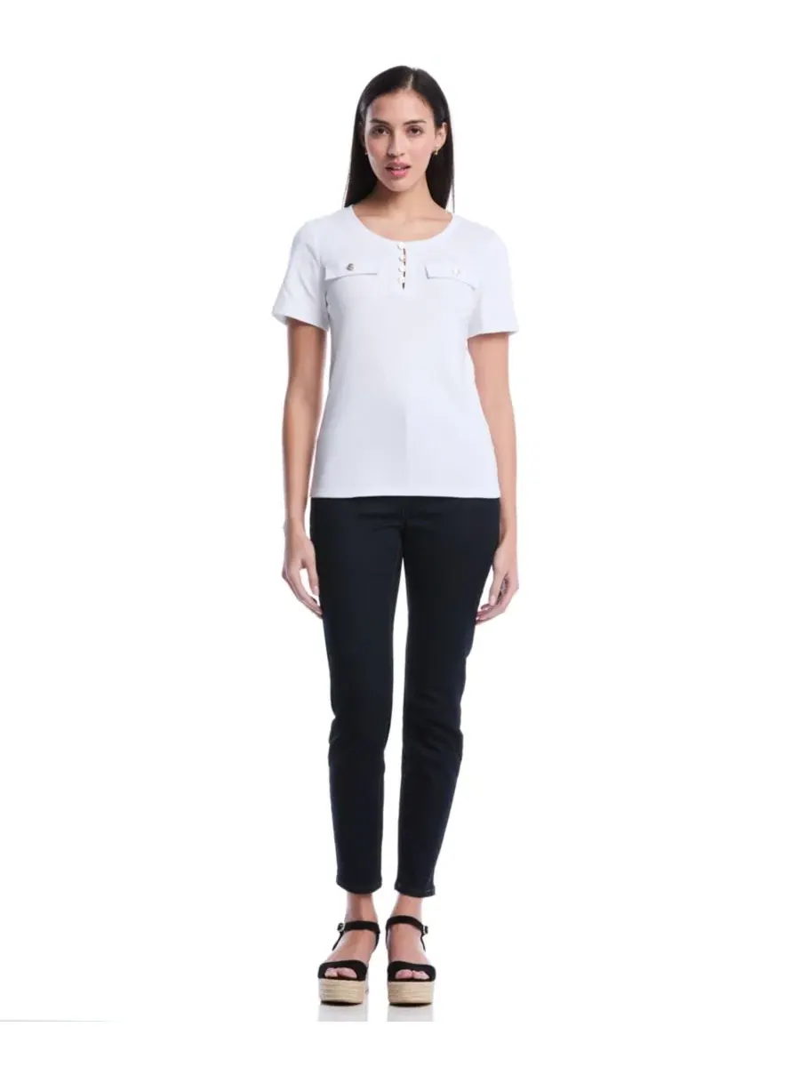 Топ с коротким рукавом Petite Welt Pocket Button Detail Short-Sleeve Top Rafaella — изображение 2 из 5, белый