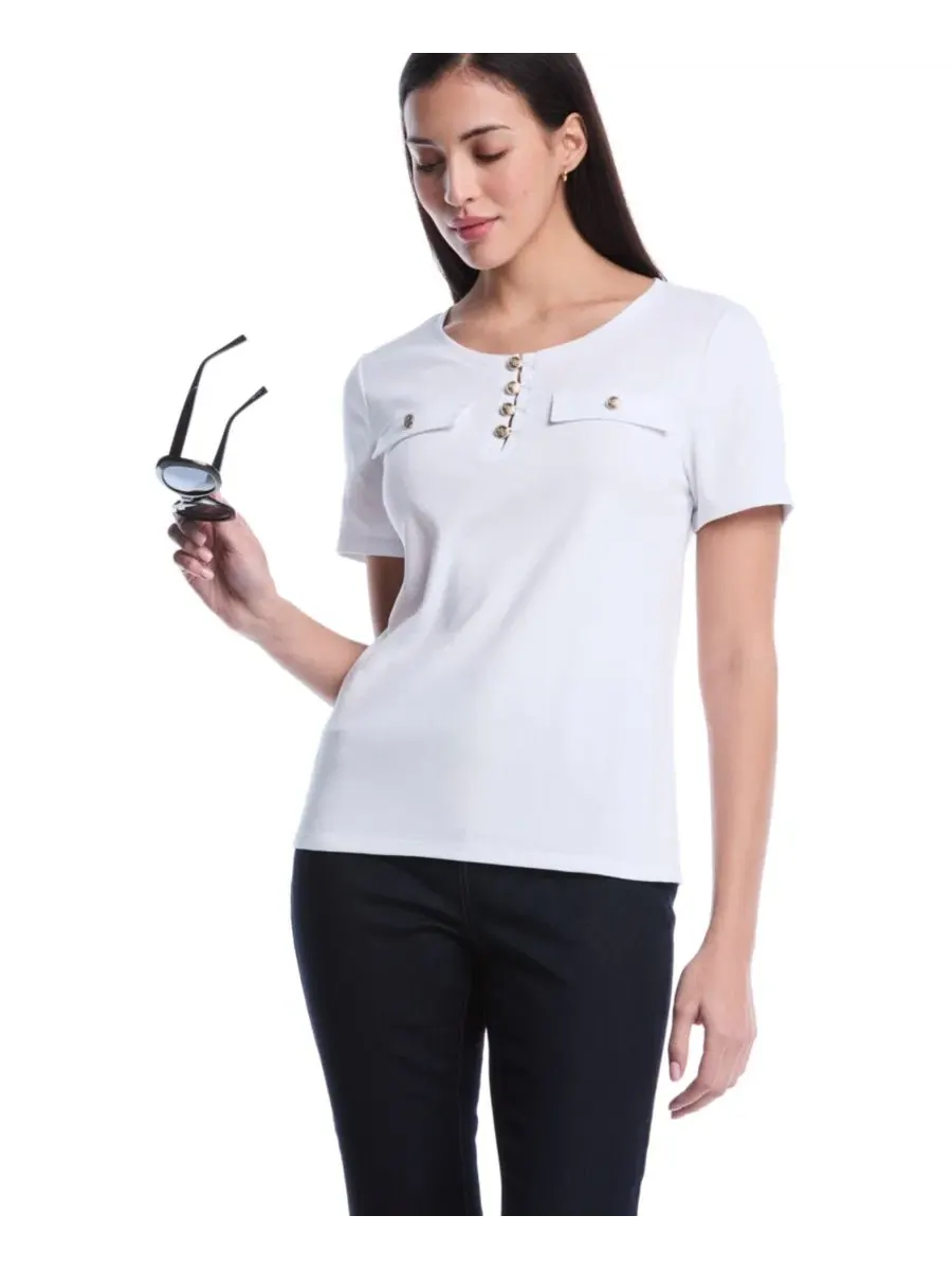 Топ с коротким рукавом Petite Welt Pocket Button Detail Short-Sleeve Top Rafaella — изображение 3 из 5, белый