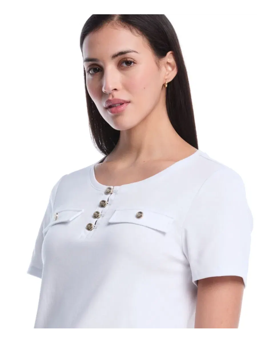 Топ с коротким рукавом Petite Welt Pocket Button Detail Short-Sleeve Top Rafaella — изображение 4 из 5, белый
