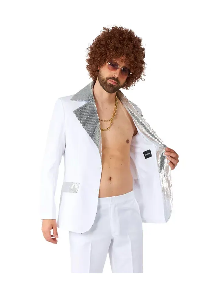 Мужской костюм в стиле диско - Saturday Night Fever - пиджак и расклешенные брюки - белый — изображение 4 из 6