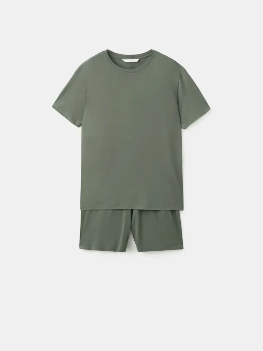 Комплект пижамы с футболкой и шортами, модель Elastic Waistband Pajama MANGO — изображение 2 из 6, хаки