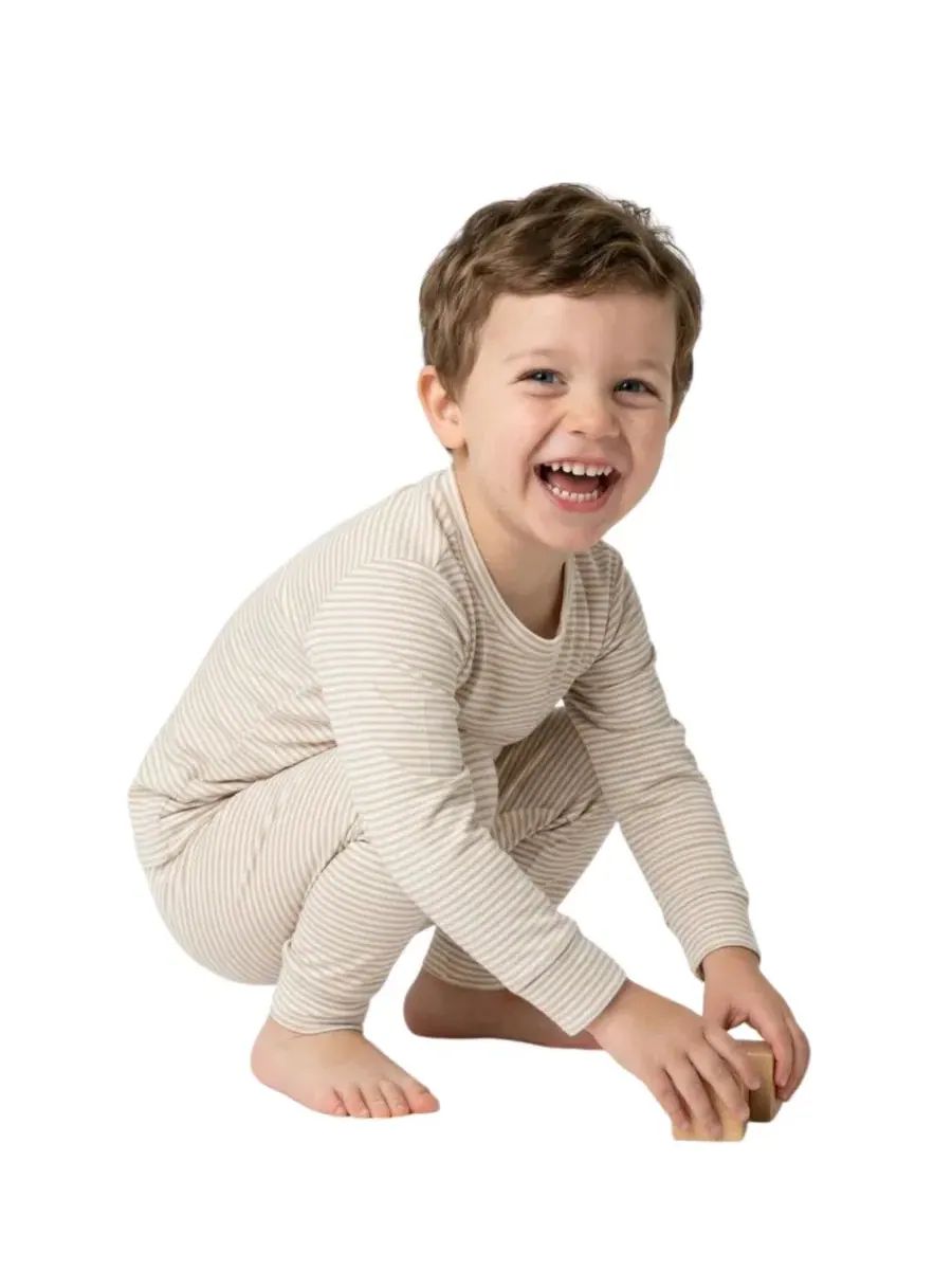 Комплект пижамы с длинным рукавом из бамбука Oatmeal Stripe Motette — изображение 4 из 10, бежевый белый