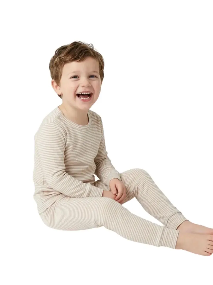 Комплект пижамы с длинным рукавом из бамбука Oatmeal Stripe Motette — изображение 5 из 10, бежевый белый