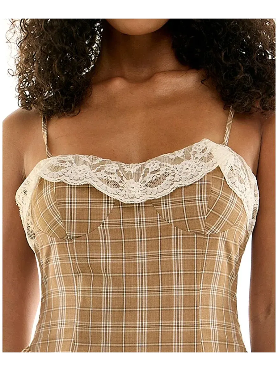 Платье мини с принтом Sweetheart Neck Lace Trim Plaid SENI & CADE — изображение 3 из 6, бежевый