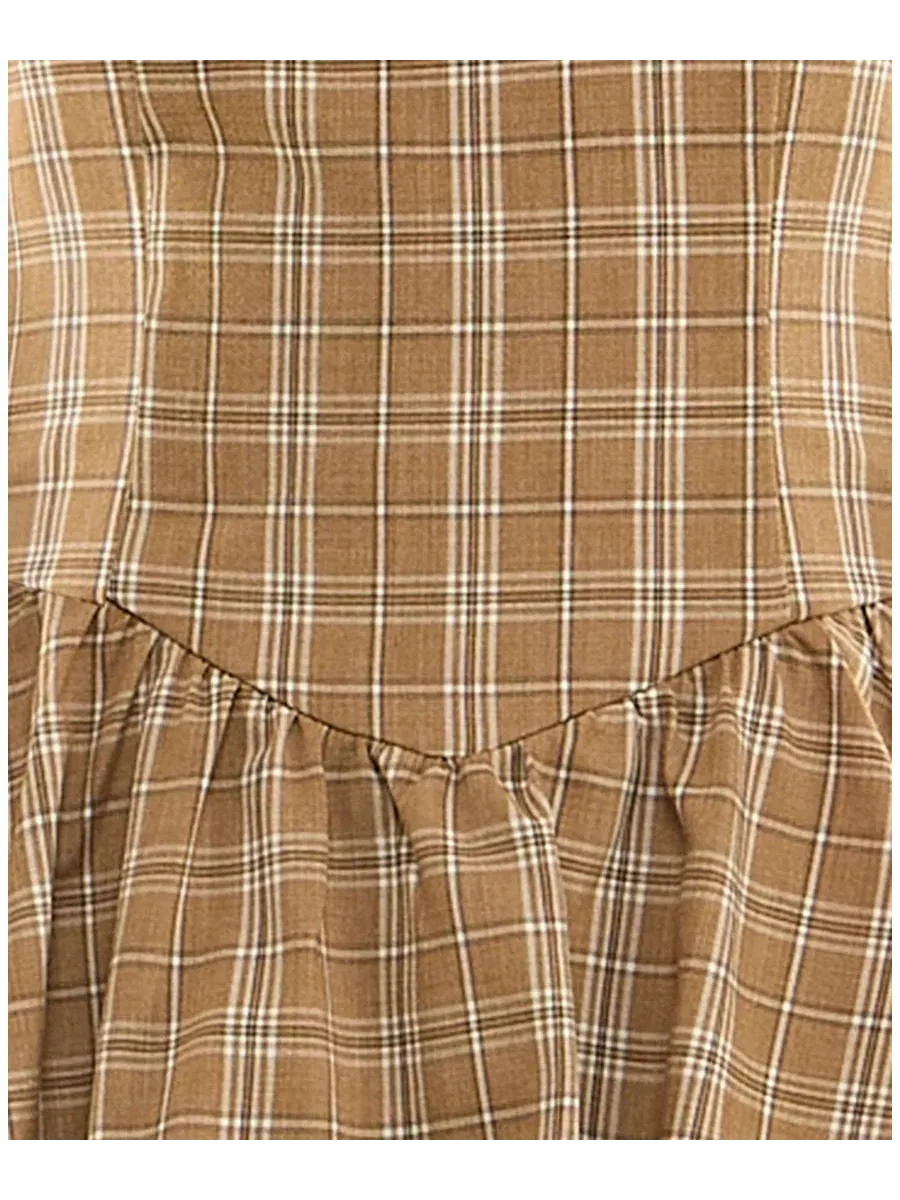 Платье мини с принтом Sweetheart Neck Lace Trim Plaid SENI & CADE — изображение 5 из 6, бежевый