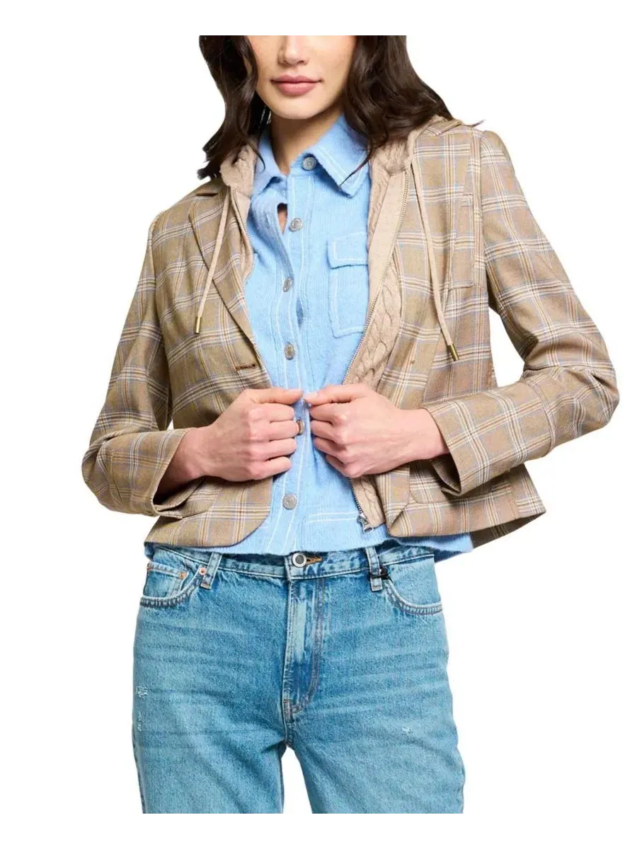 Жакет-блейзер укороченный с капюшоном Sienna Plaid Central Park West — изображение 2 из 3, коричневый
