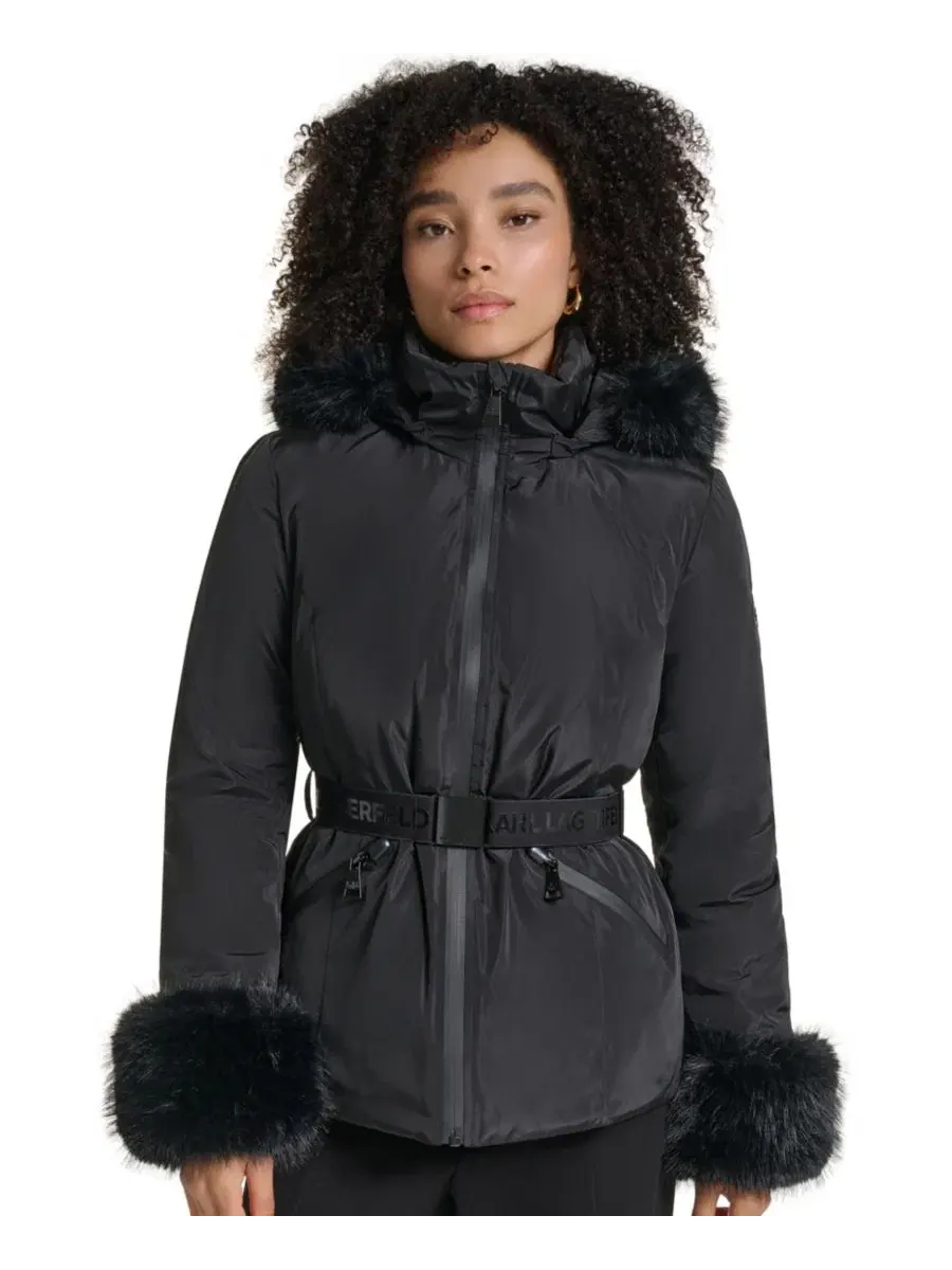 Женский утепленный пуховик с капюшоном и меховой отделкой, модель Belted Hooded Fur Cuffs Puffer