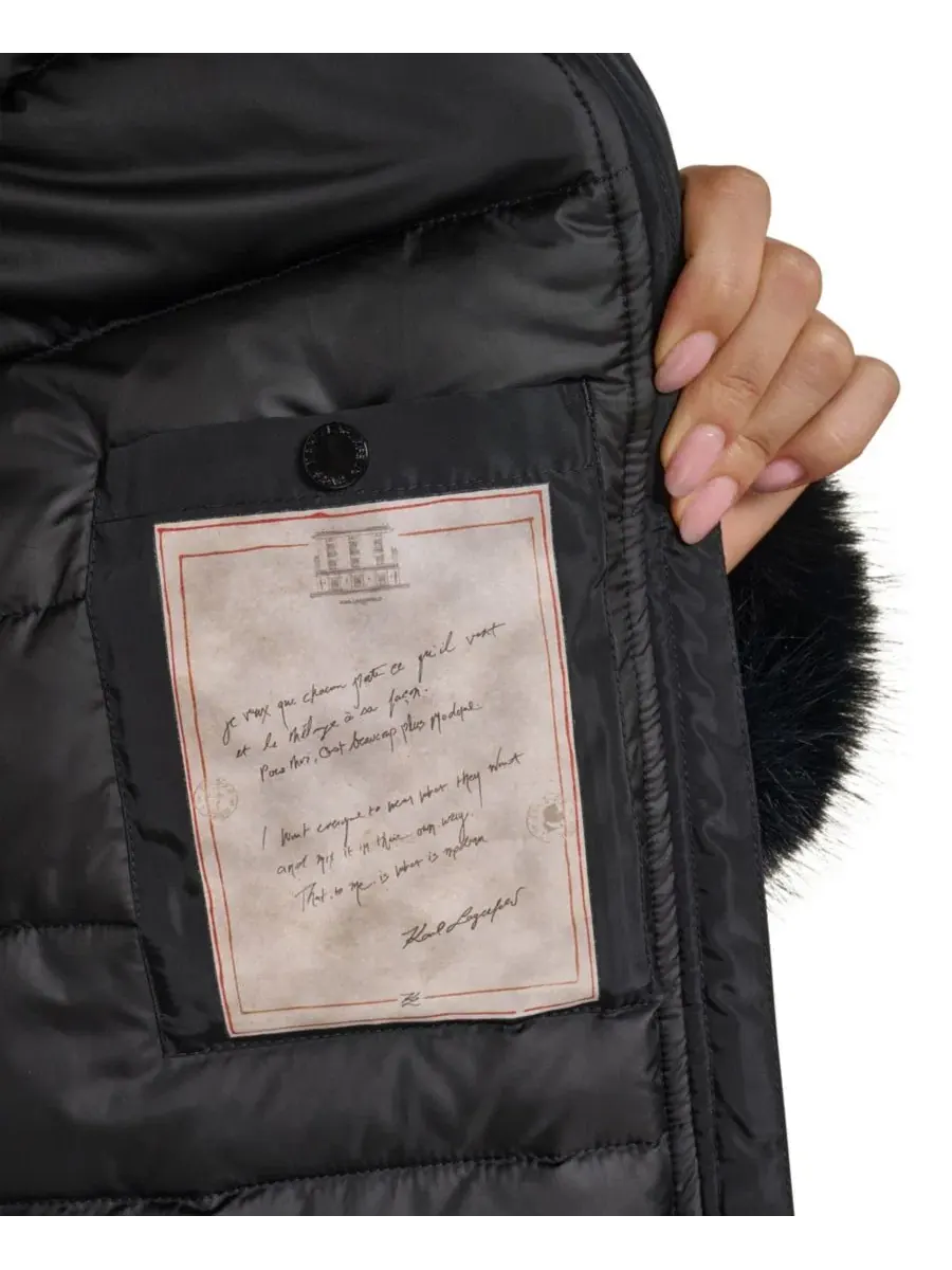 Женский утепленный пуховик с капюшоном и меховой отделкой, модель Belted Hooded Fur Cuffs Puffer — изображение 8 из 8, черный