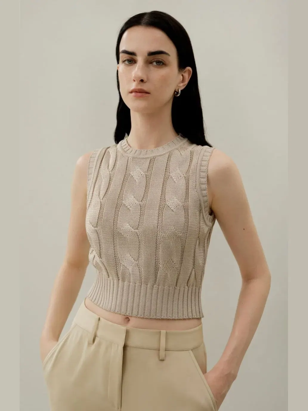 Топ укороченный с косами из тасса шелка LILYSILK — изображение 4 из 6, бежевый