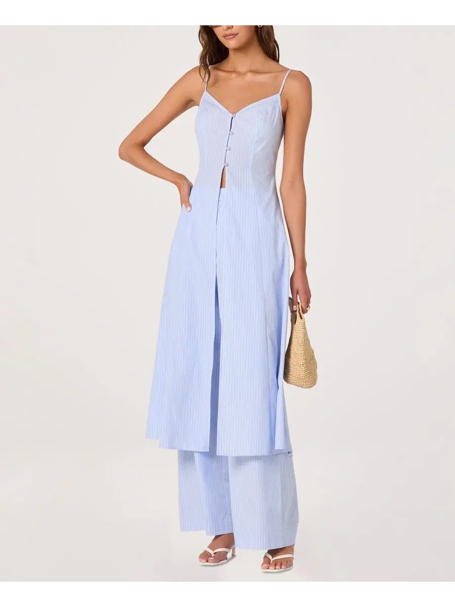 Брюки с высокой посадкой Neha Flared Blue Pinstripe ASTR the Label — изображение 2 из 4, синий