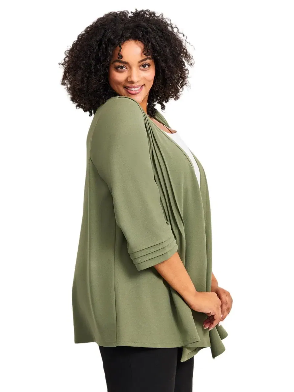 Жакет с открытым передом и рукавом 3/4 с драпировкой Plus Size Cascade AVENUE — изображение 3 из 3, оливковый зеленый