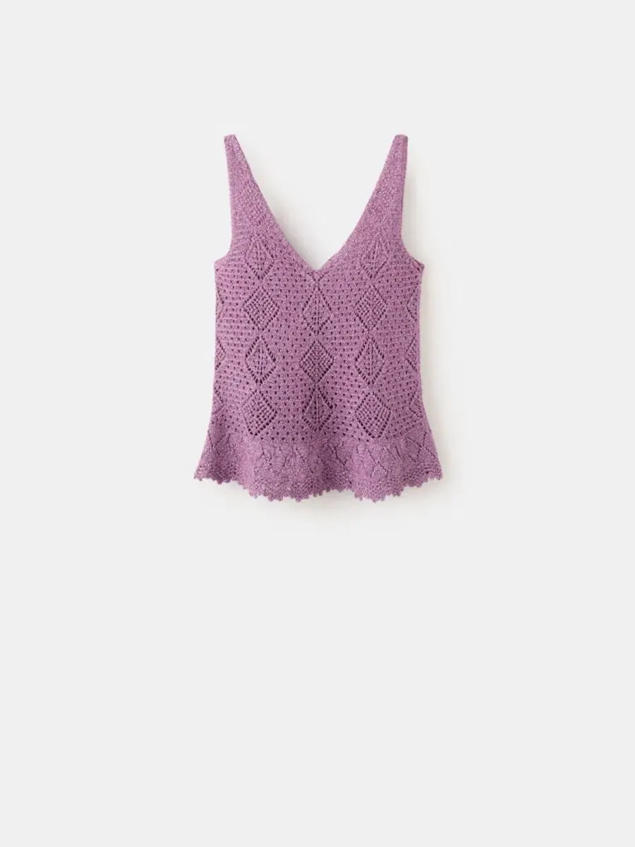 Топ с рюшами и люрексом Scalloped Frill Lurex Crochet Top MANGO — изображение 2 из 6, фиолетовый