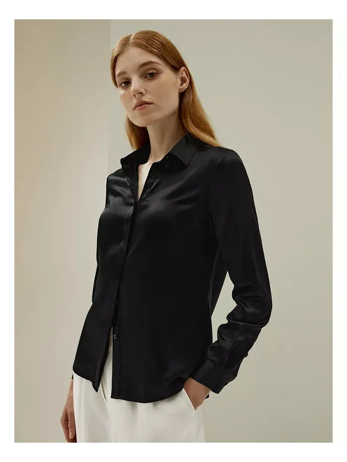 Женская шелковая рубашка Basic Concealed Placket LILYSILK — изображение 3 из 7, черный