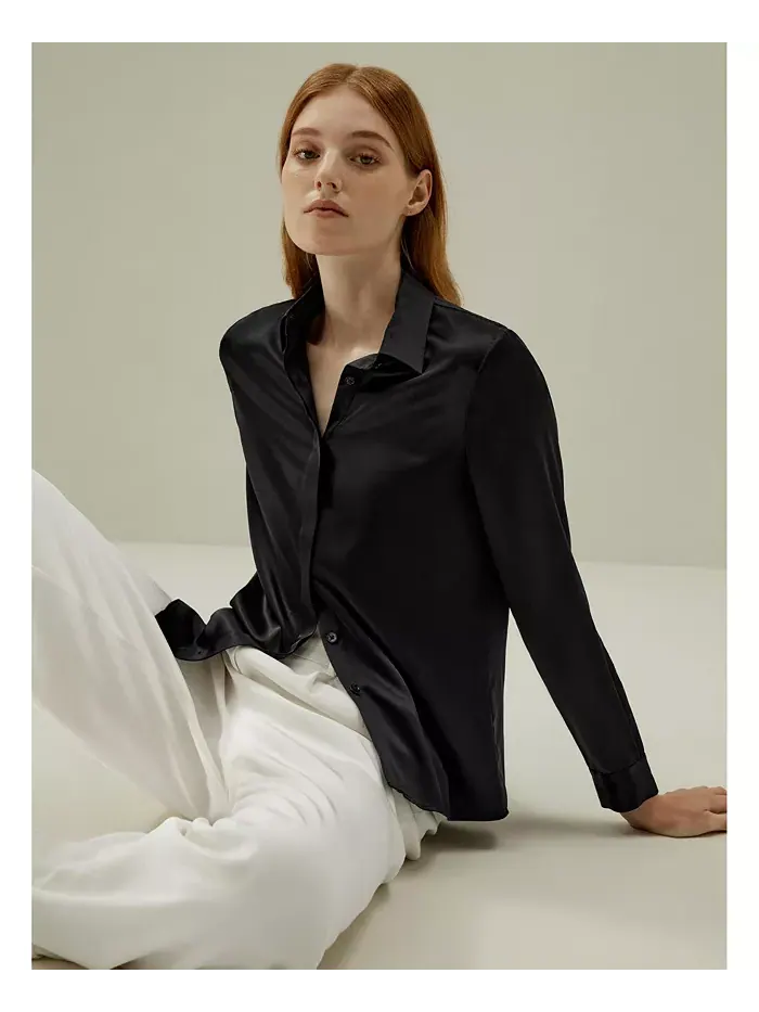 Женская шелковая рубашка Basic Concealed Placket LILYSILK — изображение 5 из 7, черный