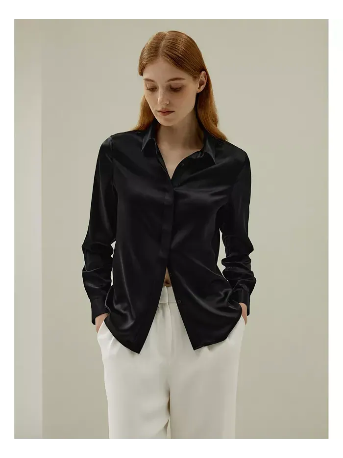 Женская шелковая рубашка Basic Concealed Placket LILYSILK — изображение 6 из 7, черный