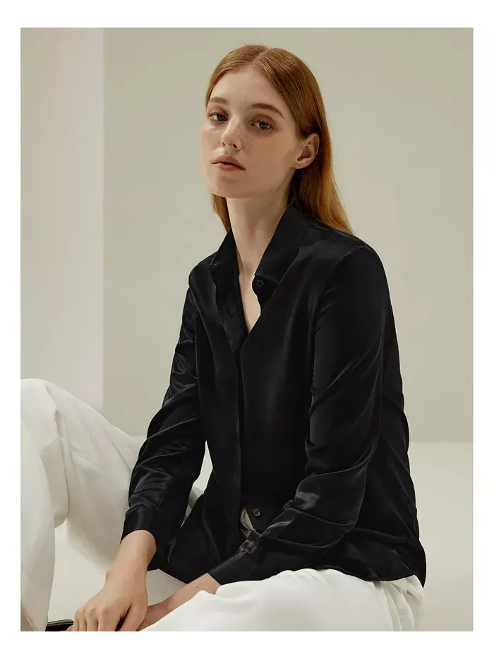 Женская шелковая рубашка Basic Concealed Placket LILYSILK — изображение 7 из 7, черный